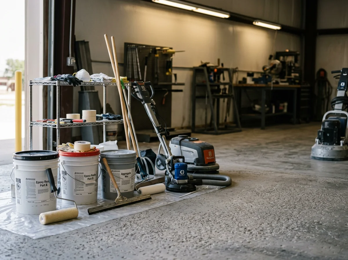 Concrete floor coating application in progress, showing epoxy system preparation and professional equipment setup.