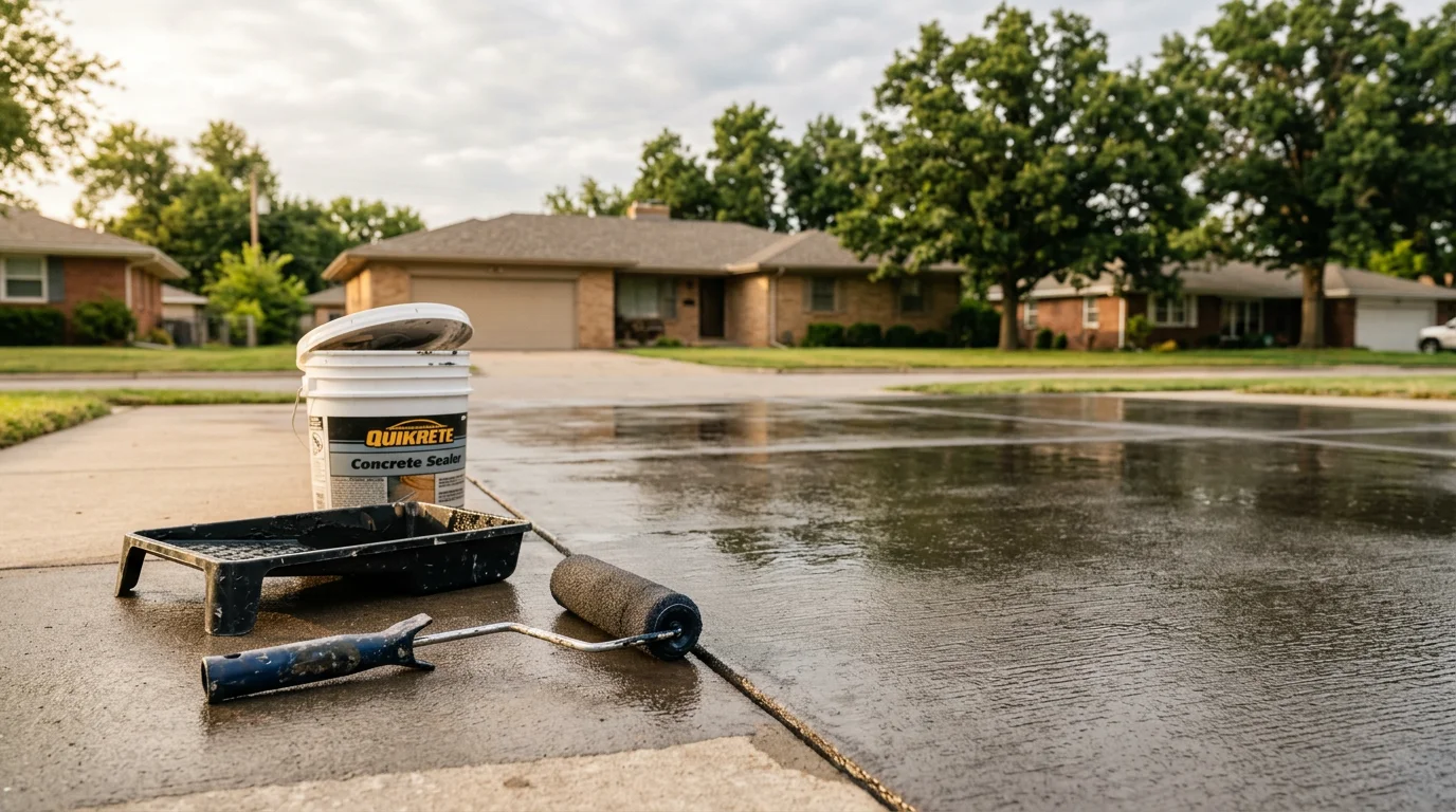 Professional concrete coating application on a residential driveway in Wichita, Kansas