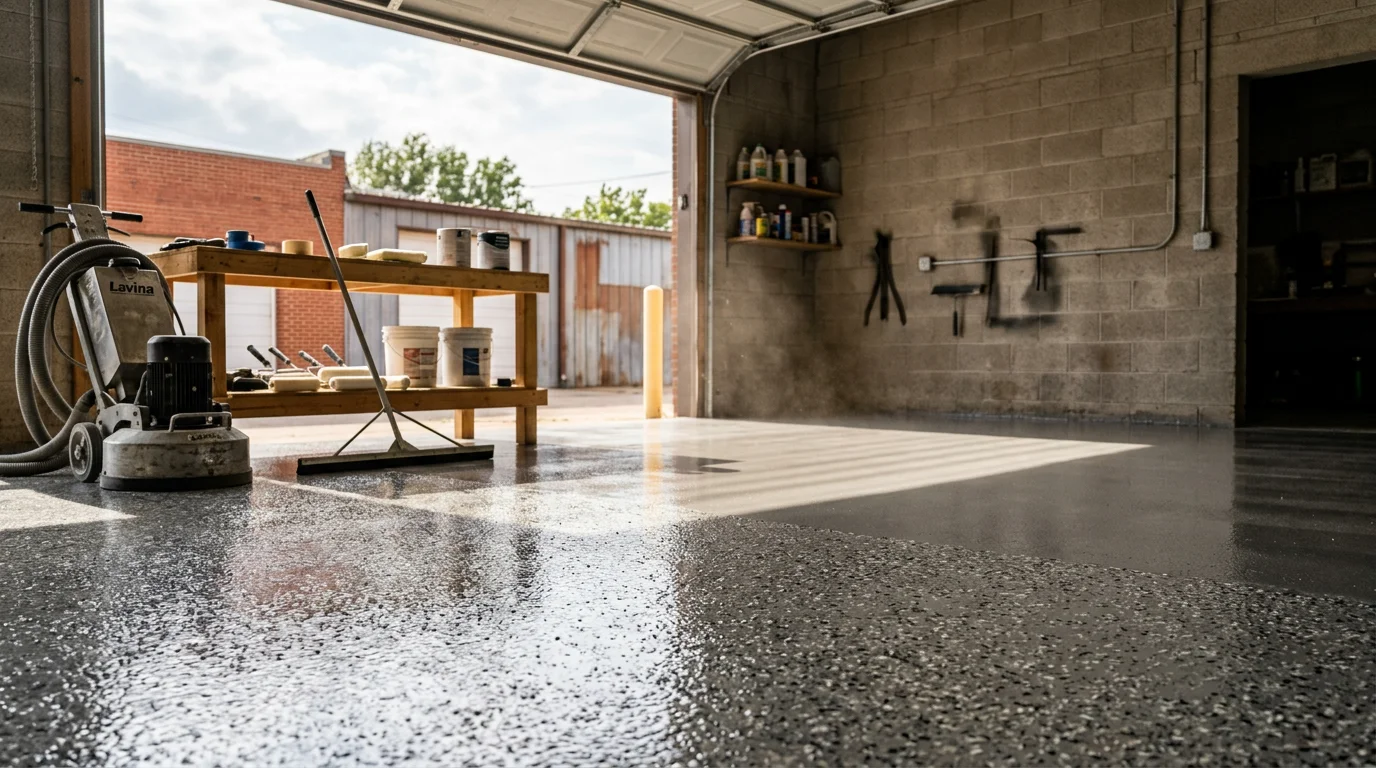 Professional concrete floor coating installation in a residential garage in Wichita, Kansas