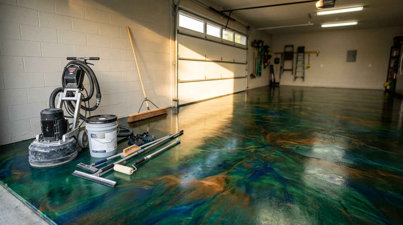 Metallic epoxy flooring system installed in a residential basement in Wichita