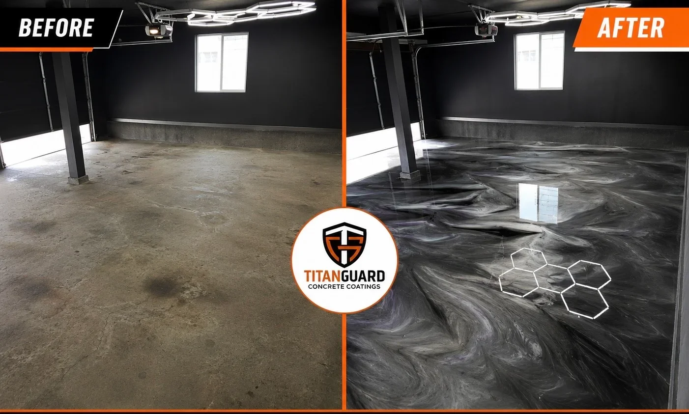 Garage floor epoxy coating transformation from bare concrete to glossy dark gray finish