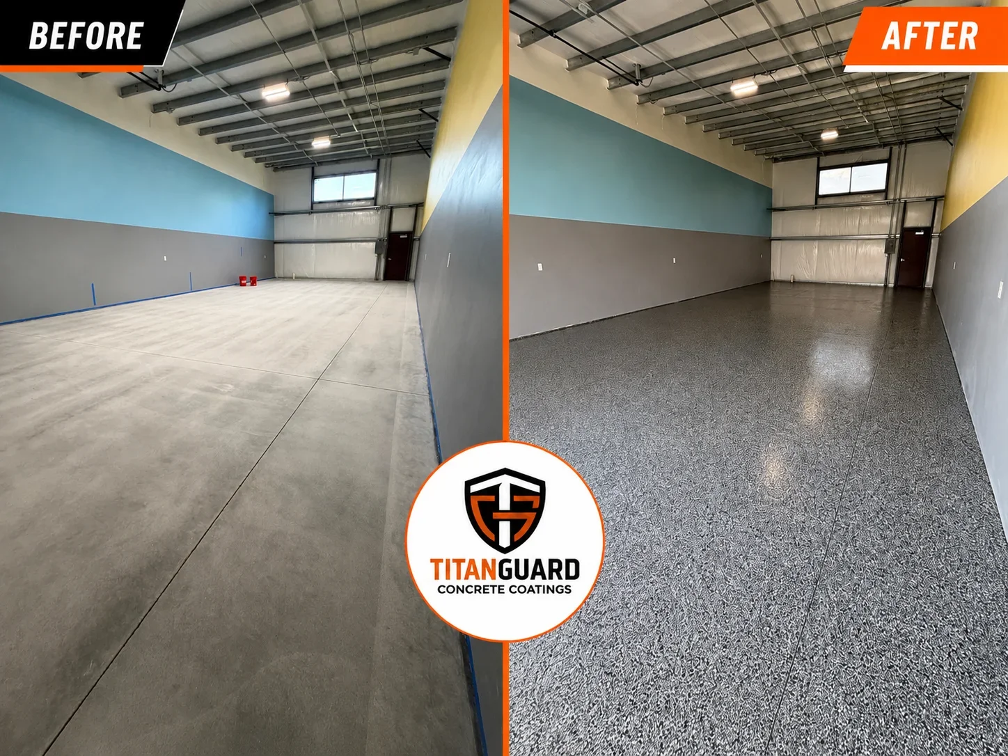 Garage floor before and after epoxy coating application, raw concrete to finished speckled gray coating