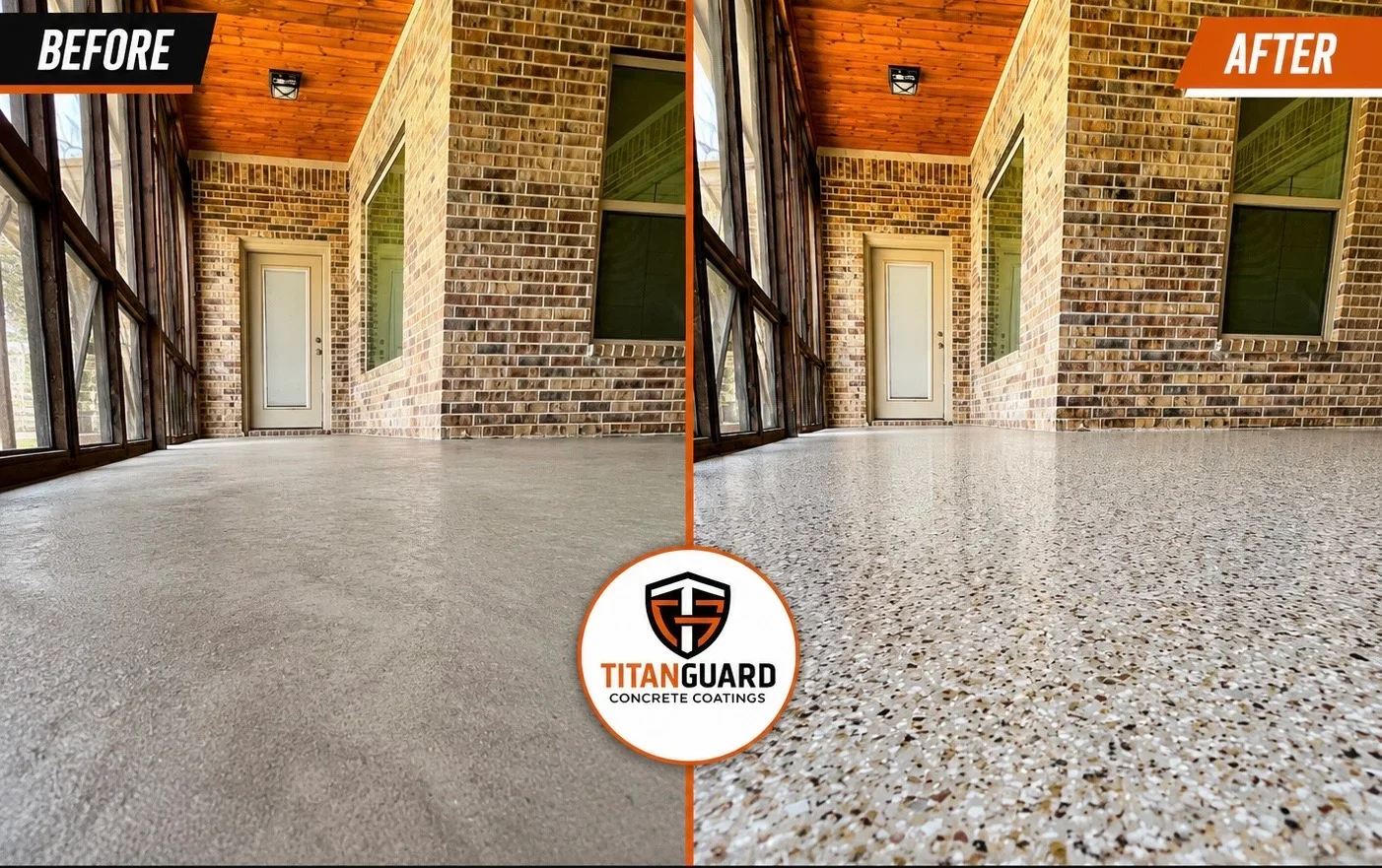 Before and after concrete patio coating with polished aggregate finish