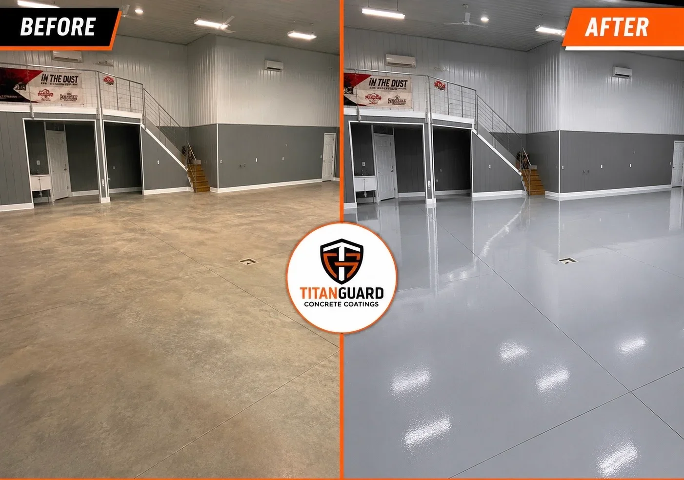 Warehouse floor before and after epoxy concrete coating application