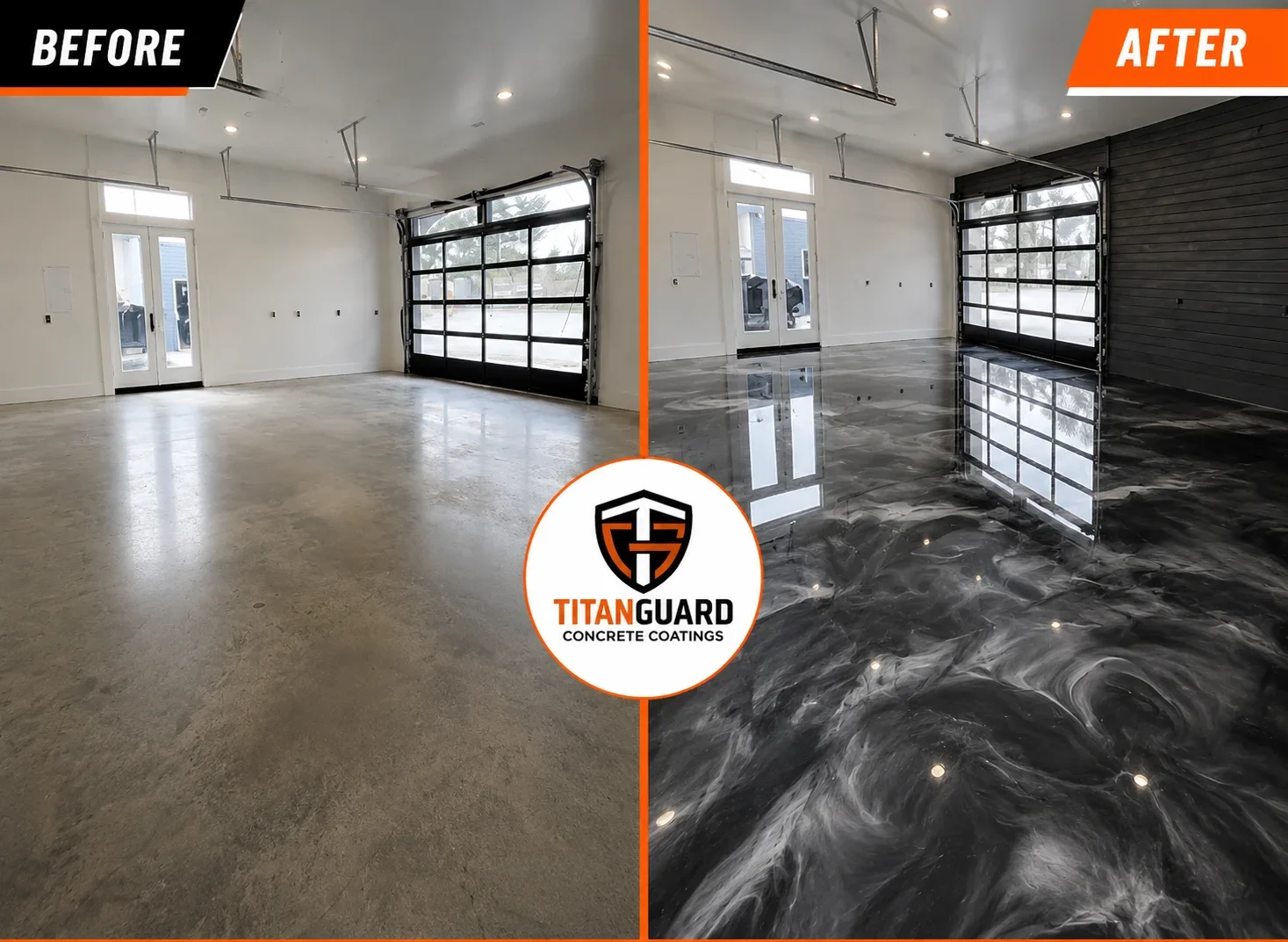 Garage floor epoxy coating with dark metallic swirl pattern and high-gloss finish
