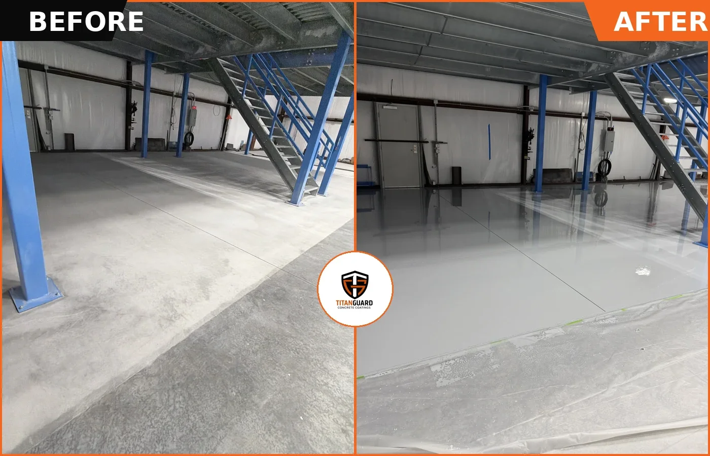 Industrial warehouse floor with epoxy coating, blue support columns, metal staircase
