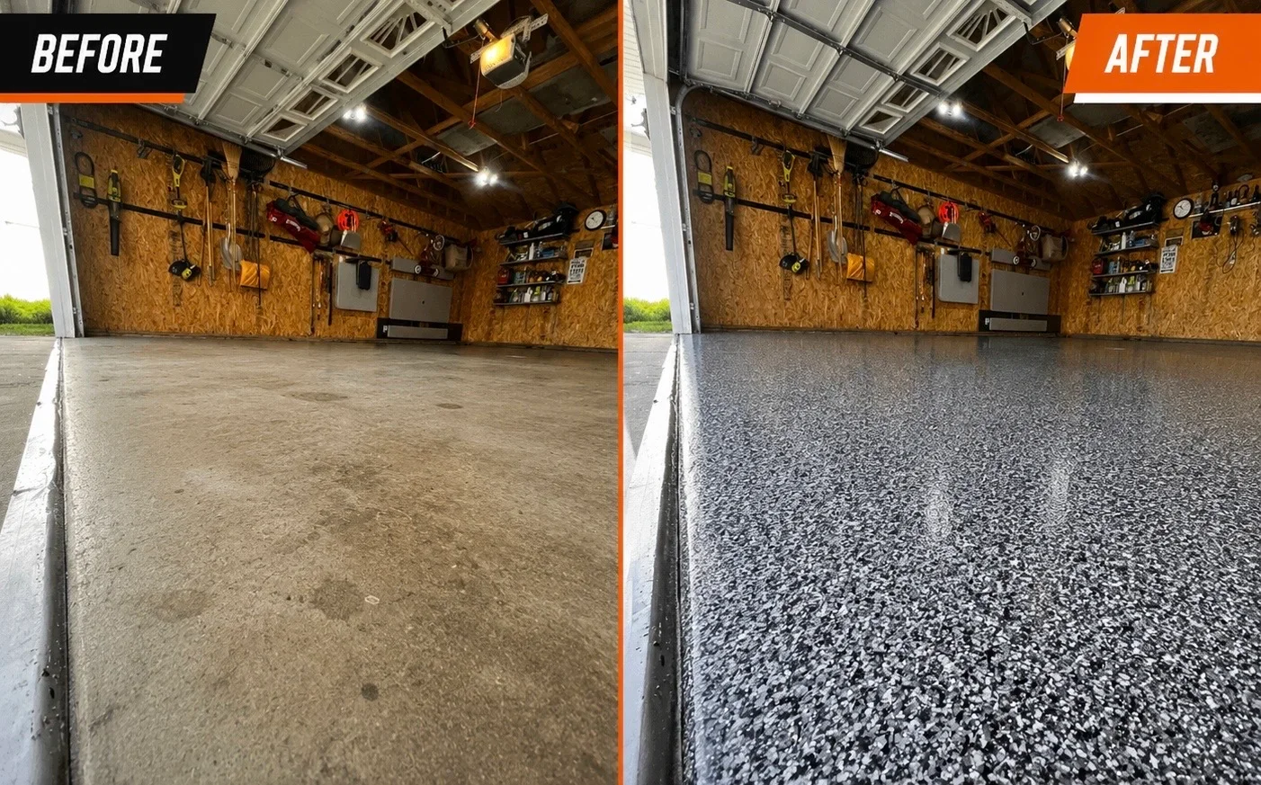 Garage floor epoxy coating transformation from bare concrete to gray speckled finish
