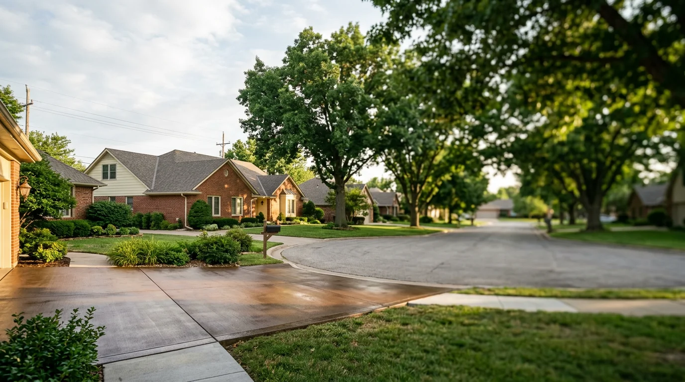 Residential street in Wichita with mature trees and well-maintained homes typical of established neighborhoods.