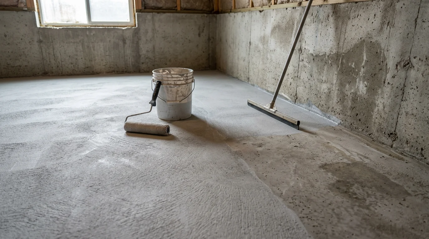 Finished basement epoxy floor in a Wichita, Kansas home showing a smooth, sealed concrete surface with a clean, low-sheen finish. The coated slab covers the full basement floor area, with visible walls and storage space in the background.