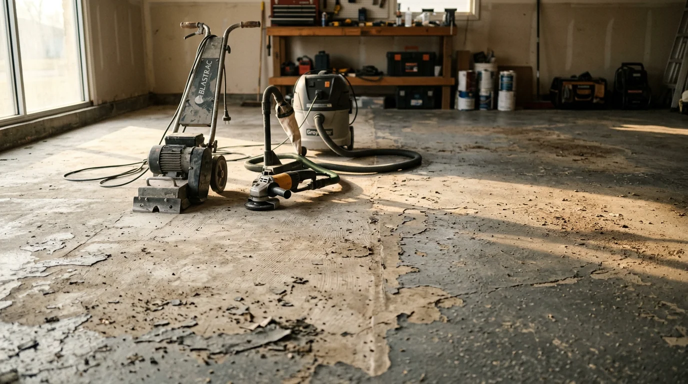 A Wichita KS garage floor mid-removal showing bare concrete exposed after an old peeling coating has been ground away. The slab surface is clean and open, ready for fresh concrete coating application.