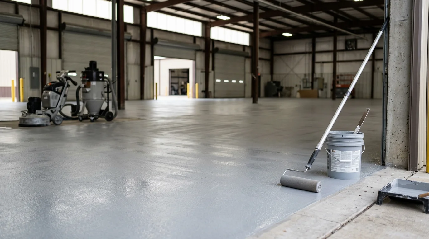 Freshly coated commercial concrete floor inside a Wichita, KS warehouse, showing a smooth, light-gray sealed surface under overhead industrial lighting. The seamless finish extends across a large open floor area with no visible cracks or staining.