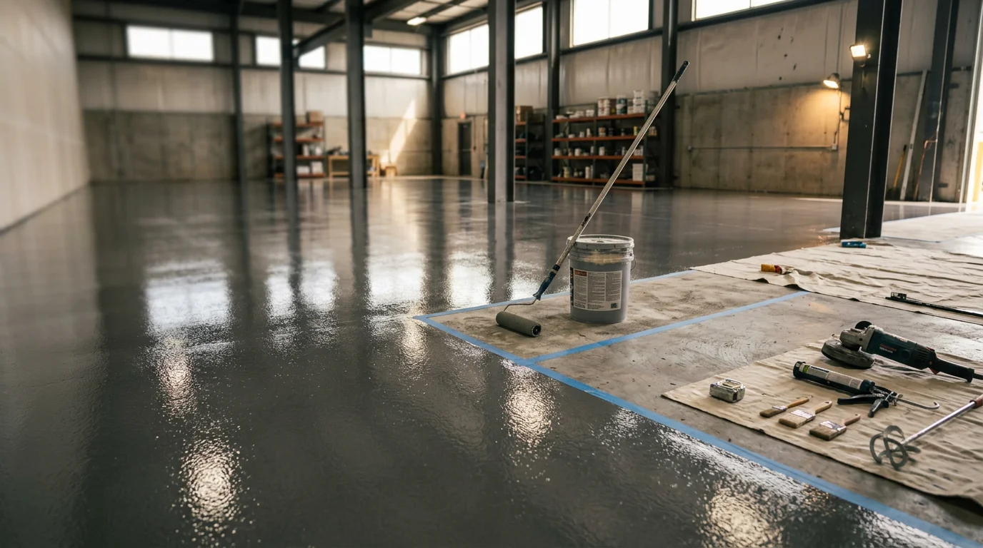 Freshly coated commercial epoxy floor inside a Wichita, KS warehouse, showing a smooth, high-gloss surface under industrial lighting. The sealed concrete floor reflects overhead lights and shows no staining, cracking, or surface wear.