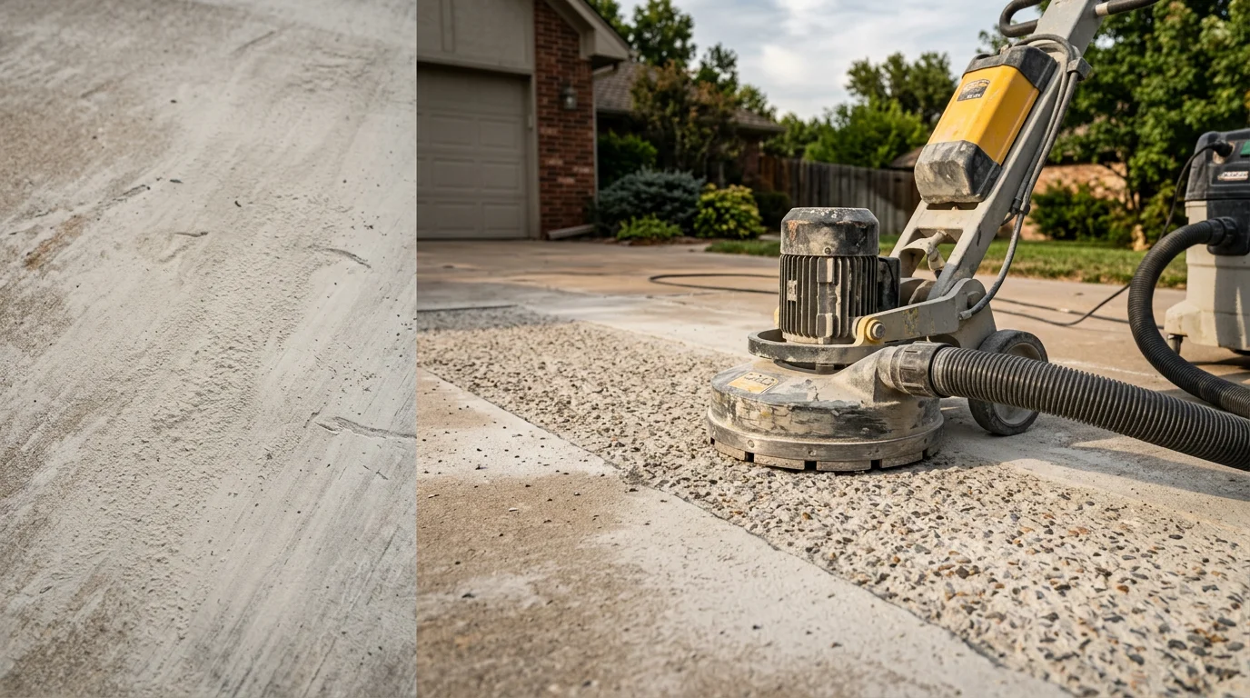 A concrete garage floor in Wichita, KS mid-grind showing the raw, open surface profile left by diamond grinding equipment. The prepared slab is clean and free of old sealer ahead of a concrete coating application.