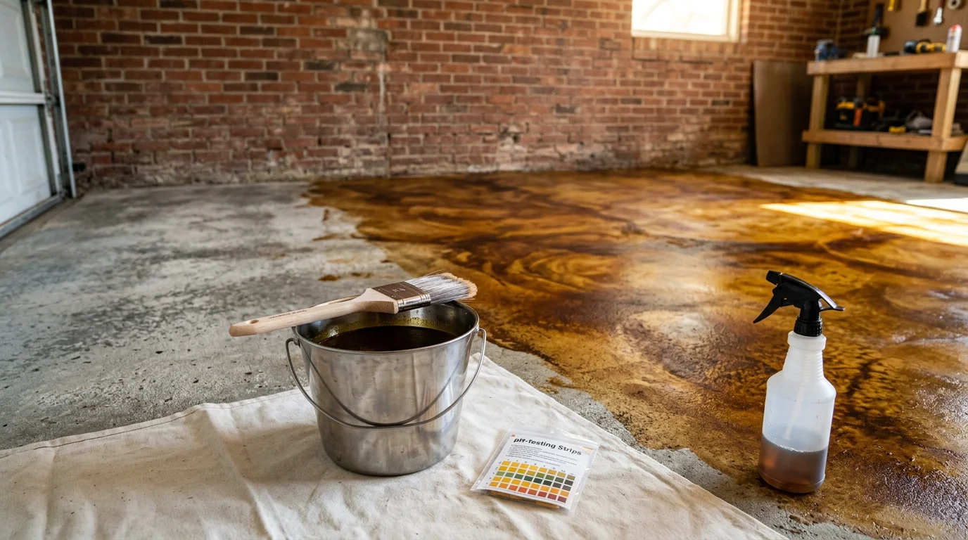 Freshly stained concrete patio with a warm earth-tone finish at a residential property in Wichita, KS. The sealed surface shows rich color variation and a clean, polished appearance.