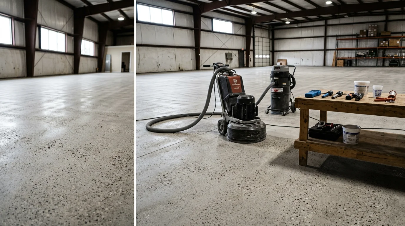 A Wichita, KS concrete garage floor being mechanically ground and profiled during surface preparation before a protective coating is applied. The slab surface is clean, open, and free of debris, showing the texture created by the grinding process.