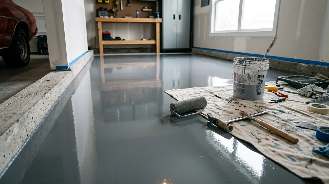 Freshly installed epoxy floor coating in a residential garage in Wichita, KS, showing a smooth, high-gloss surface with decorative color flakes and clean concrete edges. The finished floor reflects overhead lighting and shows no staining or surface cracks.
