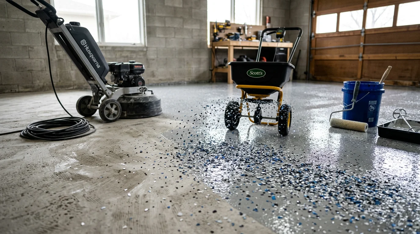 Finished flake flooring system on a residential garage floor in Wichita, KS, showing full broadcast decorative flakes sealed under a glossy clear topcoat. The concrete surface is smooth, evenly colored, and free of stains or cracks.