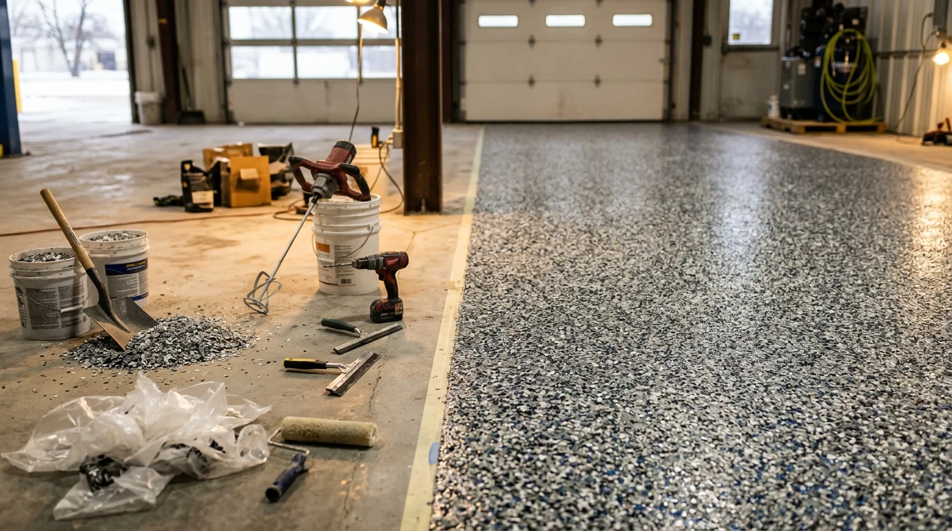 Finished full flake broadcast floor in a residential garage in Wichita, KS, showing complete flake coverage in a gray and white blend with a clear topcoat. The seamless, textured surface reflects overhead lighting and shows no visible base coat beneath the flake layer.