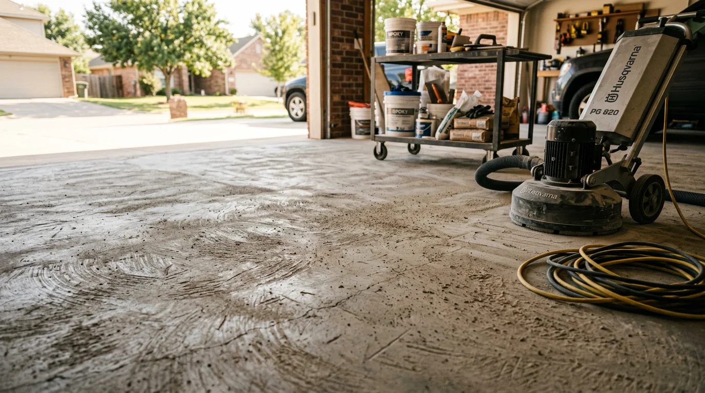 A freshly coated garage floor in a Wichita, KS home showing a clean, smooth surface with a flake finish. The coating covers the full slab from wall to wall with no staining or pitting visible.