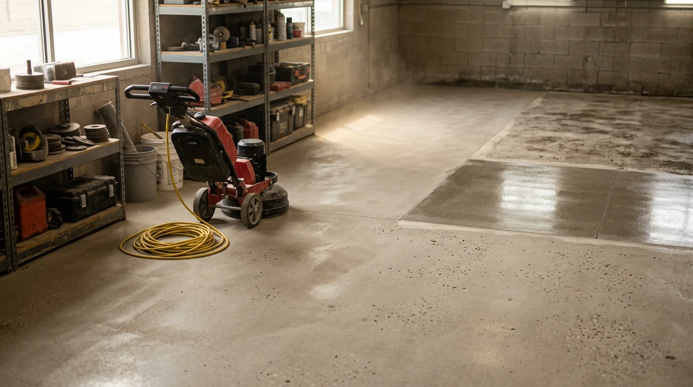 A freshly ground and sealed concrete garage floor in Wichita, KS showing a smooth, clean surface with a low-sheen protective finish. The sealed slab reflects overhead lighting and shows the natural character of the concrete.