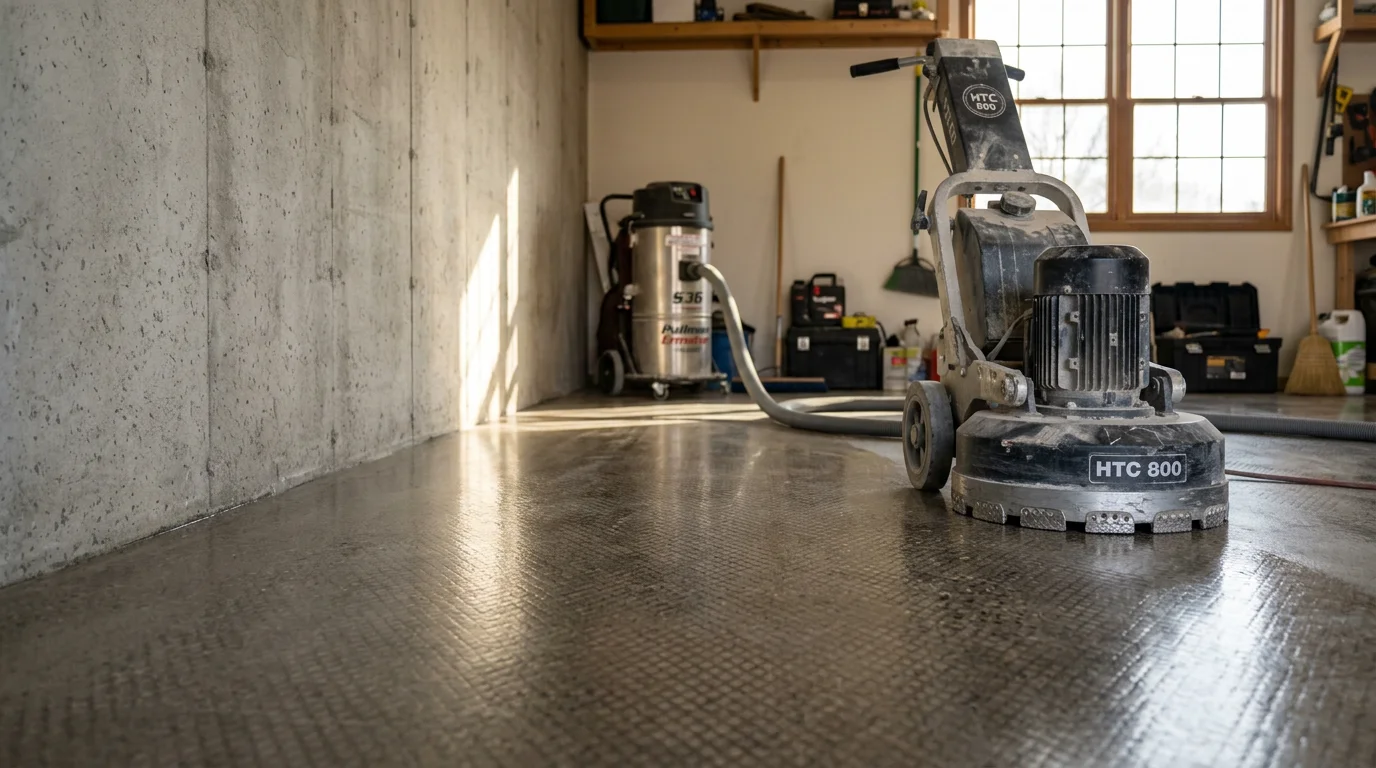A finished grind and seal concrete floor inside a residential garage in Wichita, KS, showing a smooth, sealed surface with a clean sheen and no visible staining or surface damage.