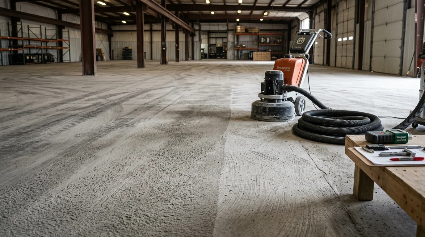 A large industrial concrete floor inside a Wichita, KS warehouse being mechanically ground and prepped before coating installation. The surface shows a clean, profiled concrete slab ready for a protective coating system.