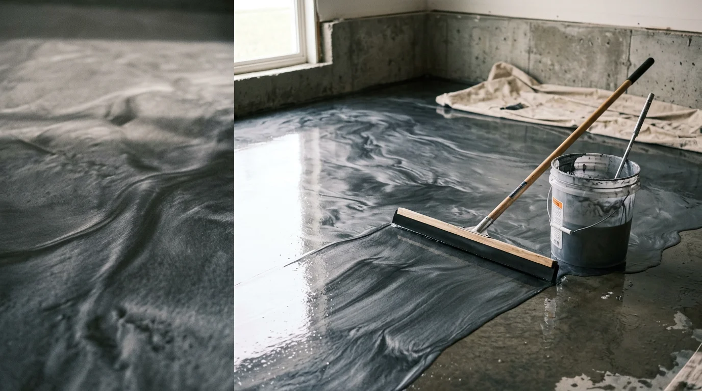 Finished metallic epoxy garage floor with a high-gloss swirling silver and charcoal pattern installed by Titan Guard Concrete Coatings in Wichita, KS. The seamless coating covers the full concrete slab of a residential two-car garage.