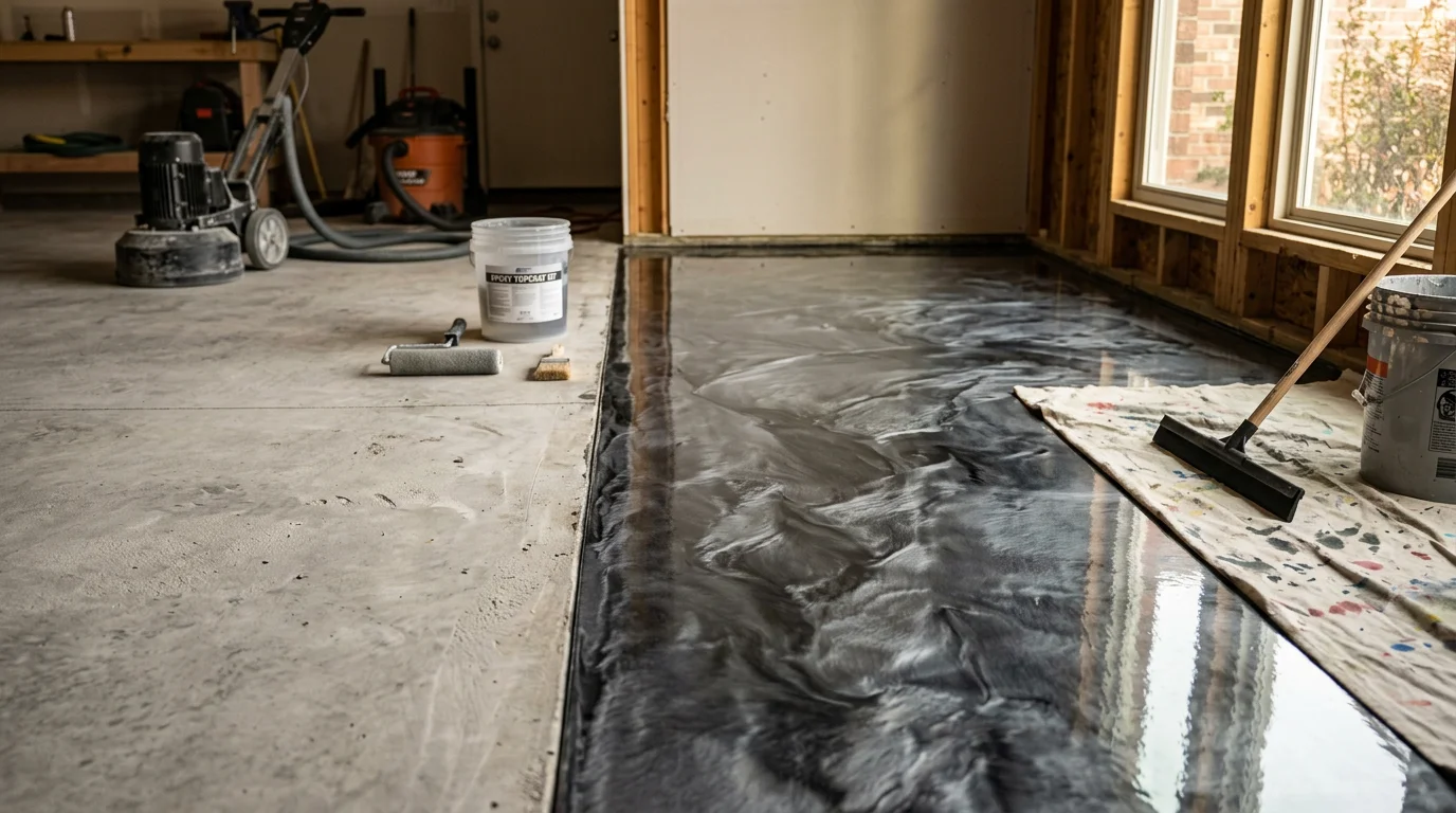 A finished metallic epoxy garage floor in a Wichita, KS home showing a deep, three-dimensional swirl pattern with a high-gloss reflective surface. The seamless coating covers the full concrete slab with no visible joints or cracks.
