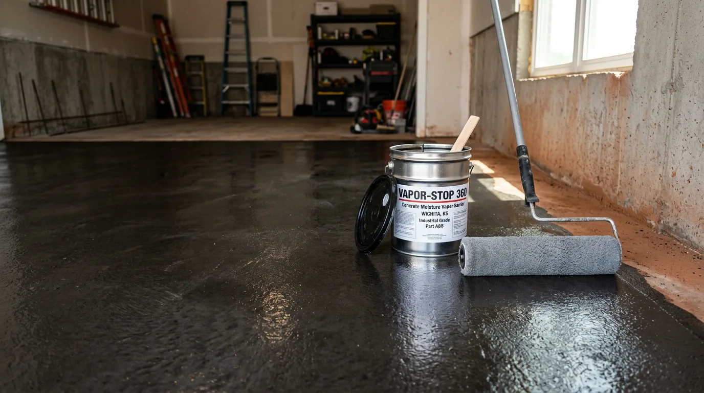 A freshly prepared concrete garage floor in Wichita, KS with a moisture vapor barrier applied before epoxy coating installation. The surface shows a clean, sealed slab ready for the finish coat.