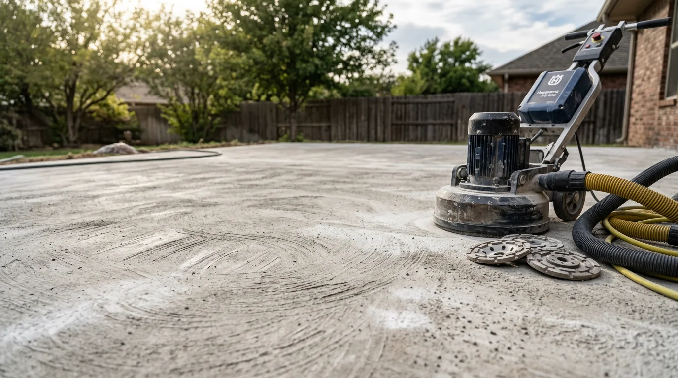 Freshly coated outdoor concrete patio with a smooth, slip-resistant epoxy finish on a residential home in Wichita, KS. The surface shows a clean, sealed appearance suited for outdoor furniture and everyday foot traffic in the Kansas climate.