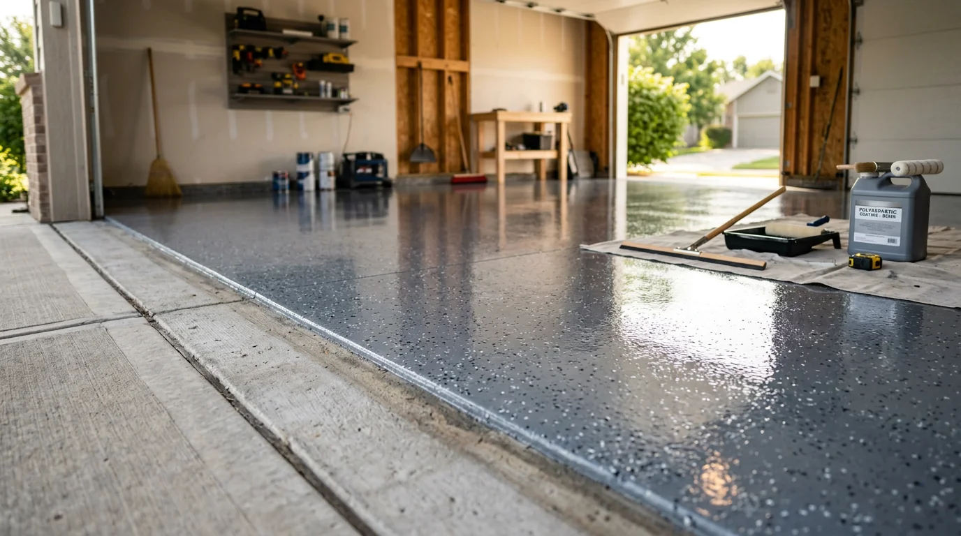 Finished polyaspartic garage floor with a high-gloss, flake-blend coating installed in a residential garage in Wichita, Kansas. The surface shows a clean, even finish with slip-resistant texture suitable for vehicle parking and everyday use.