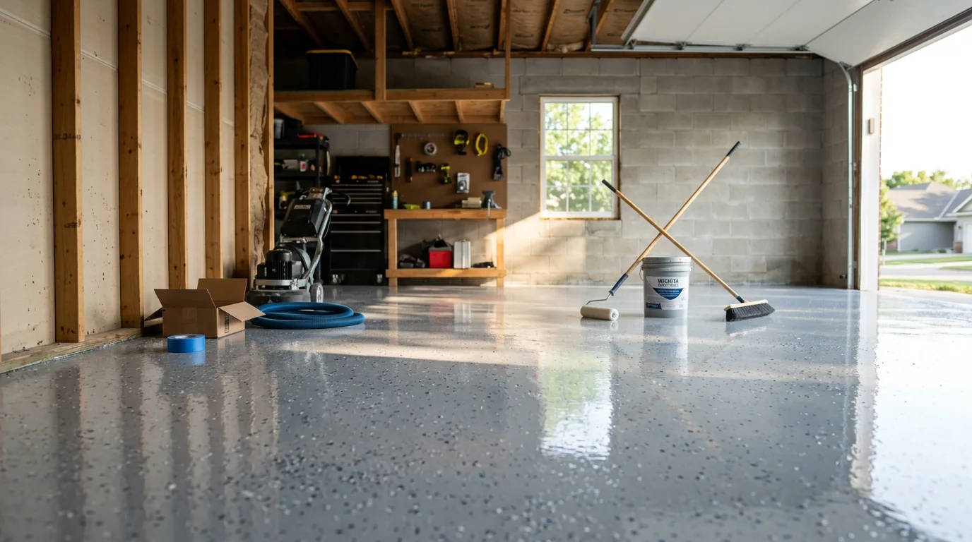 Freshly coated residential garage floor in Wichita, KS showing a smooth, slip-resistant surface with a clean flake finish. The coated concrete floor reflects overhead lighting inside a two-car garage in a Sedgwick County home.
