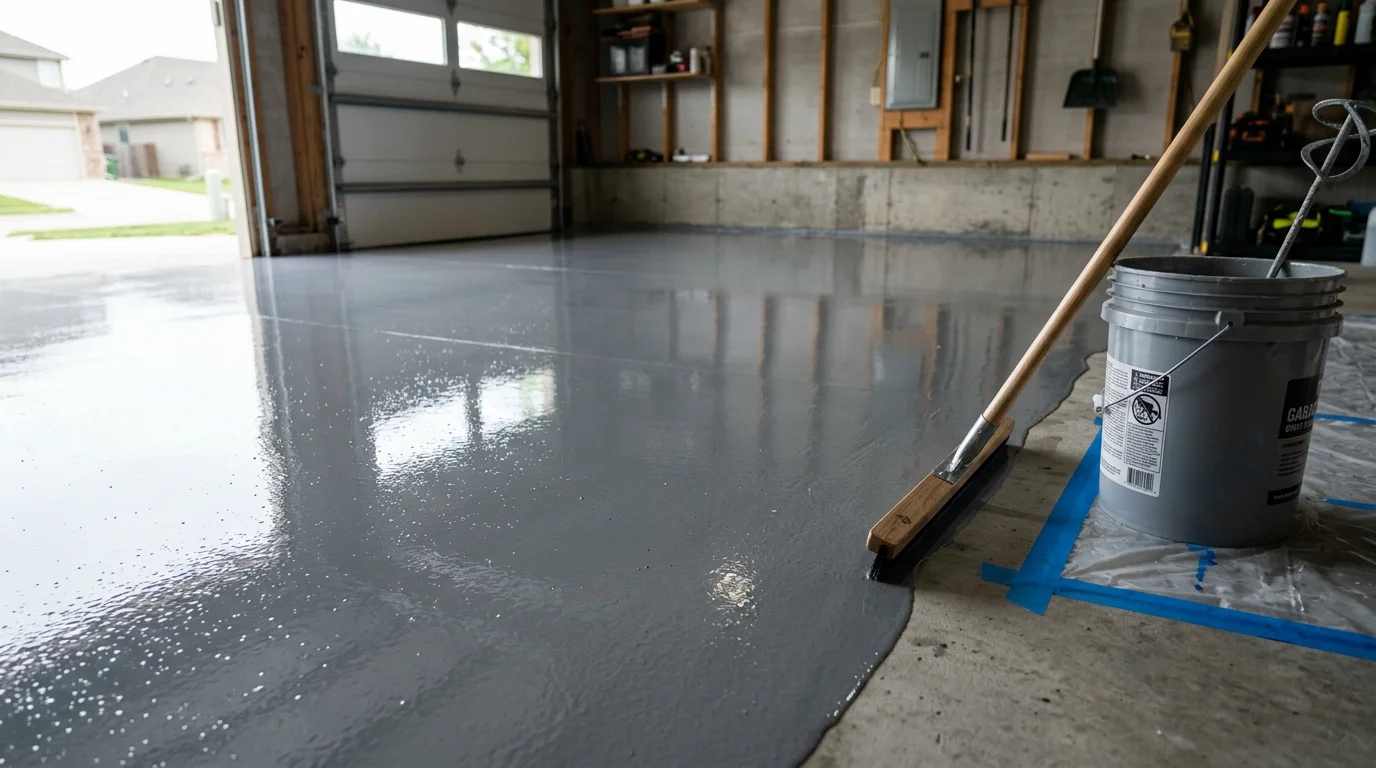 A freshly coated single color epoxy garage floor in a Wichita, KS home, showing a smooth, glossy gray surface free of stains and cracks. The uniform finish reflects overhead lighting and covers the full slab from wall to wall.